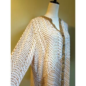 Soft Surroundings 2X  Top Shirt White Brown polka dot V‎ Neck Button boho whimsi